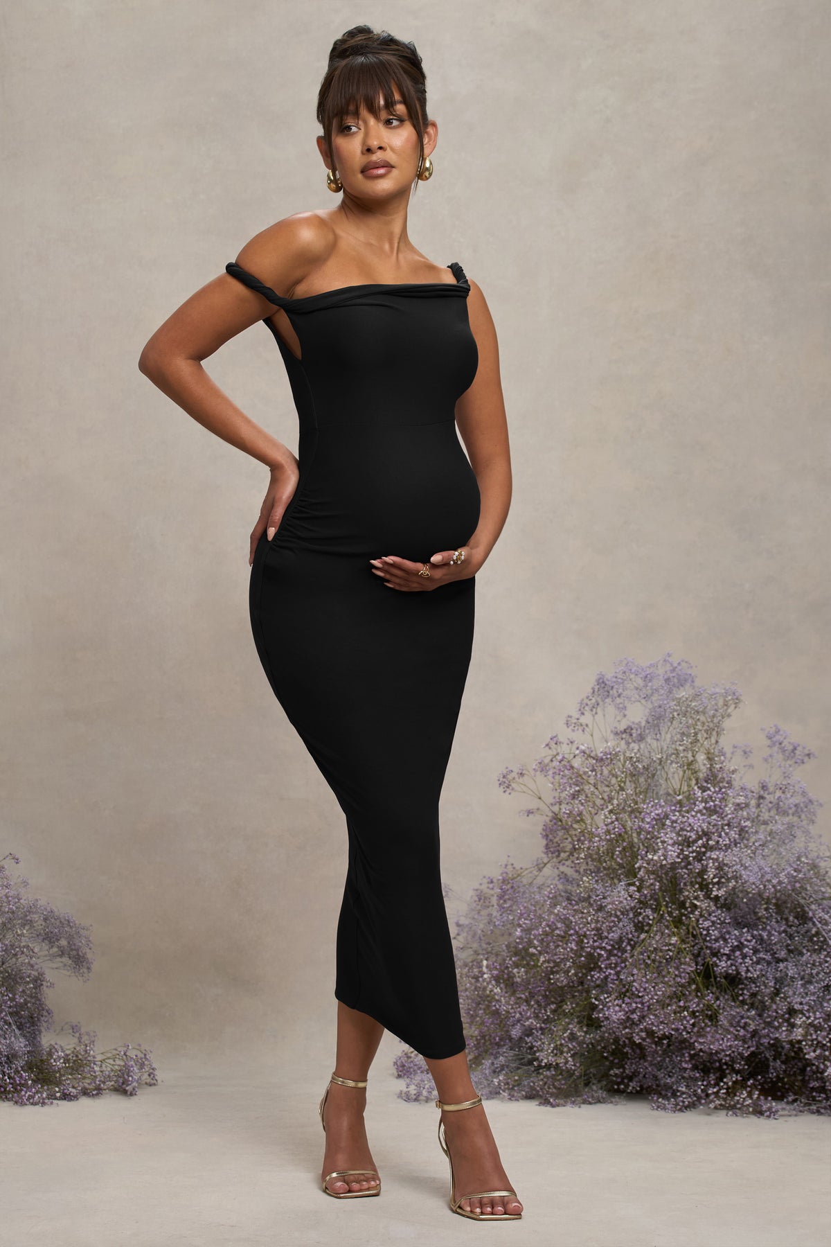 Salome | Black Twisted Asymmetric Maternity Midi Dress - Club L 