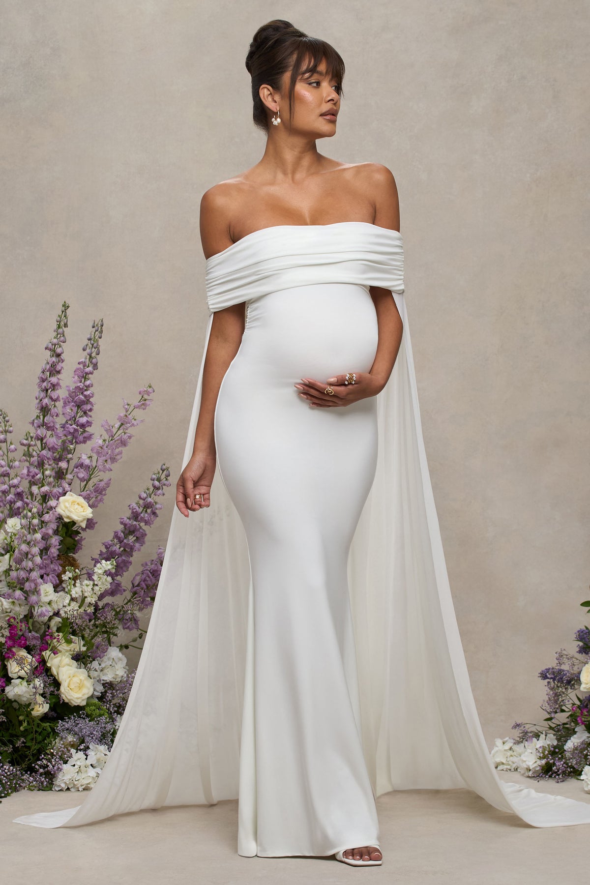 Carlotta Bardot Maternity Maxi Dress Chiffon Cape