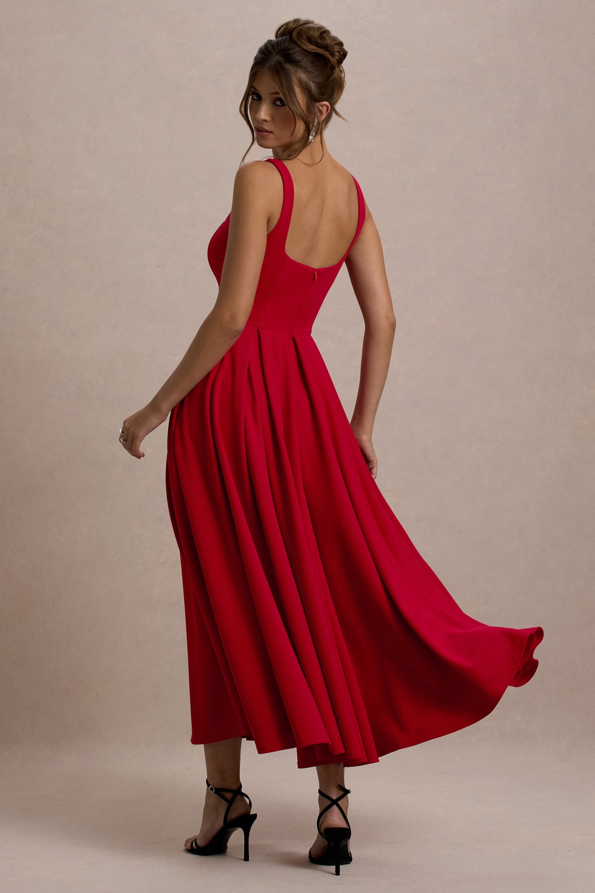 Parina Red Strappy Volume-Hem Midi Dress Club L London - UK Parina Red Strappy Volume-Hem Midi Dress Club L London - UK