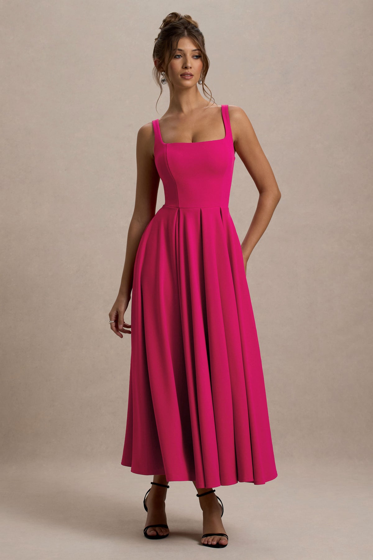 Parina Hot Pink Strappy Volume-Hem Midi Dress Club L London - UK Parina Hot Pink Strappy Volume-Hem Midi Dress Club L London - UK
