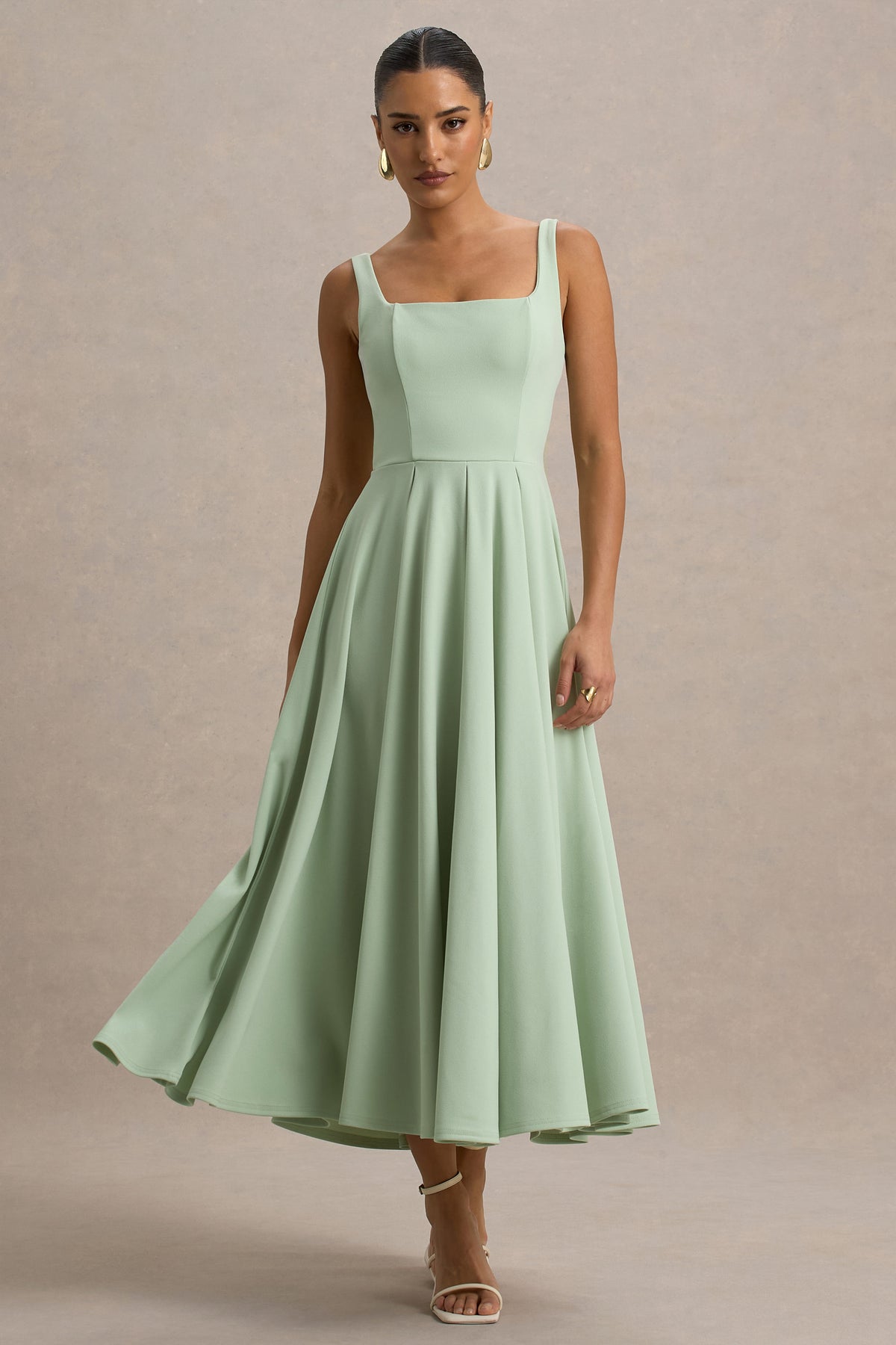 Parina Light Green Strappy Volume-Hem Midi Dress Club L London - UK Parina Light Green Strappy Volume-Hem Midi Dress Club L London - UK