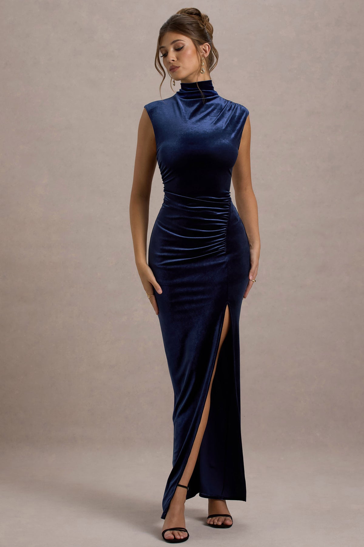 Abilene Navy Velvet High-Neck Split Maxi Dress Club L London - UK Abilene Navy Velvet High-Neck Split Maxi Dress Club L London - UK
