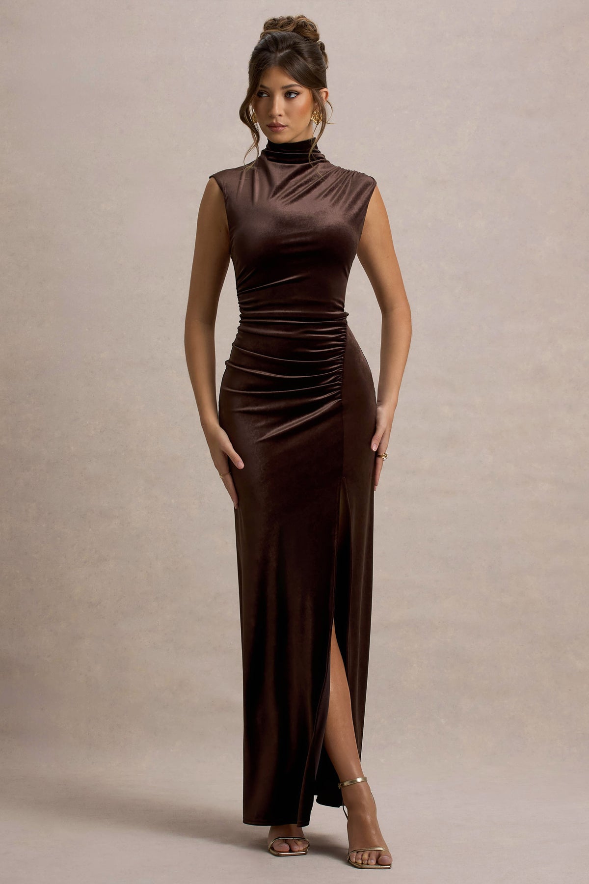 Abilene Chocolate Velvet High-Neck Split Maxi Dress Club L London - UK Abilene Chocolate Velvet High-Neck Split Maxi Dress Club L London - UK