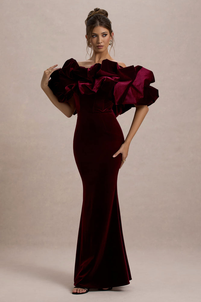 Cecily Port Velvet Bardot Maxi Dress With Velvet Ruffle Trim – Club L London 
