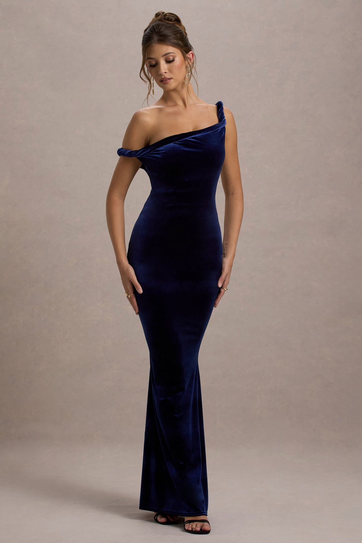 Neeka Navy Velvet Twisted Asymmetric Maxi Dress Club L London - UK Neeka Navy Velvet Twisted Asymmetric Maxi Dress Club L London - UK