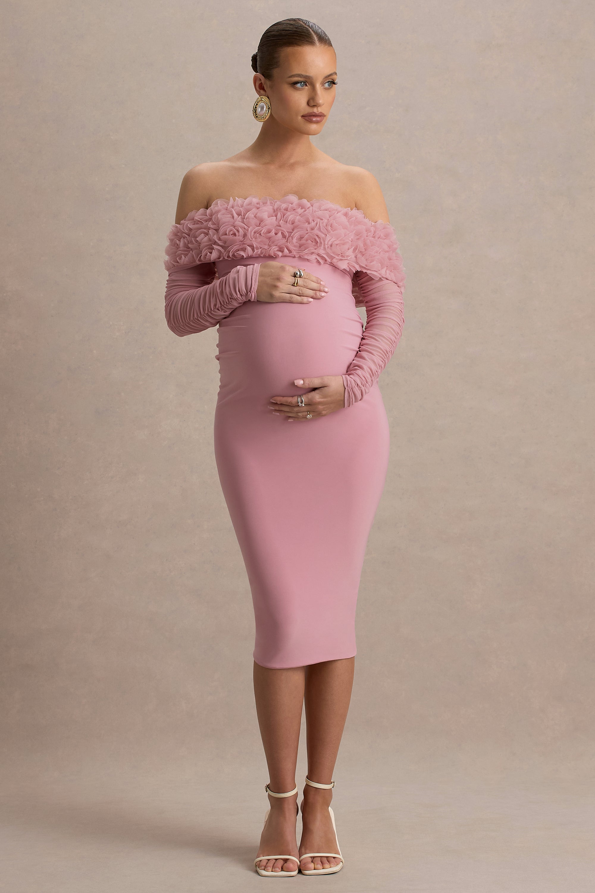 HR_CL135562081 - Adita - Blush Pink Mesh Floral Bardot Maternity Midi Dress 08.jpg