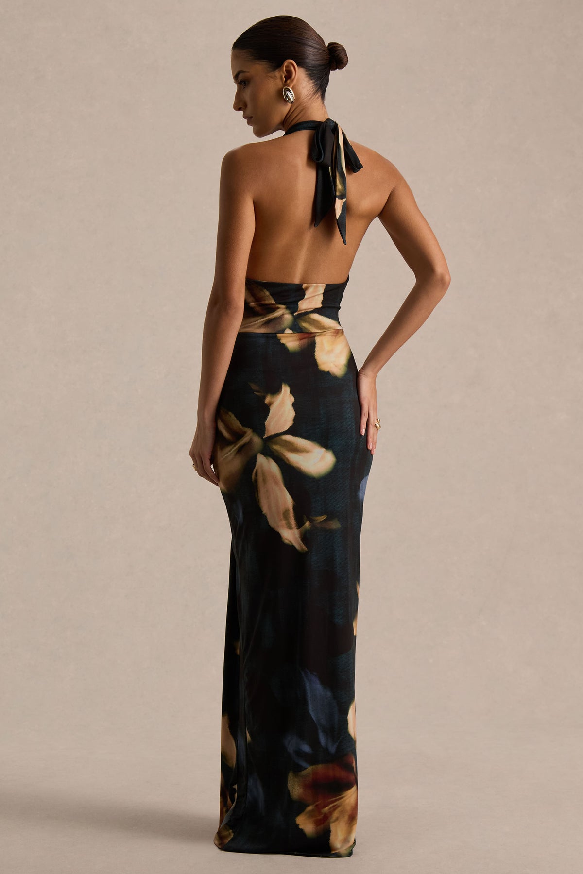 Sunflower Dark Lily Print High-Neck Maxi Dress With Front-High Split Club L London - UK Sunflower Dark Lily Print High-Neck Maxi Dress With Front-High Split Club L London - UK