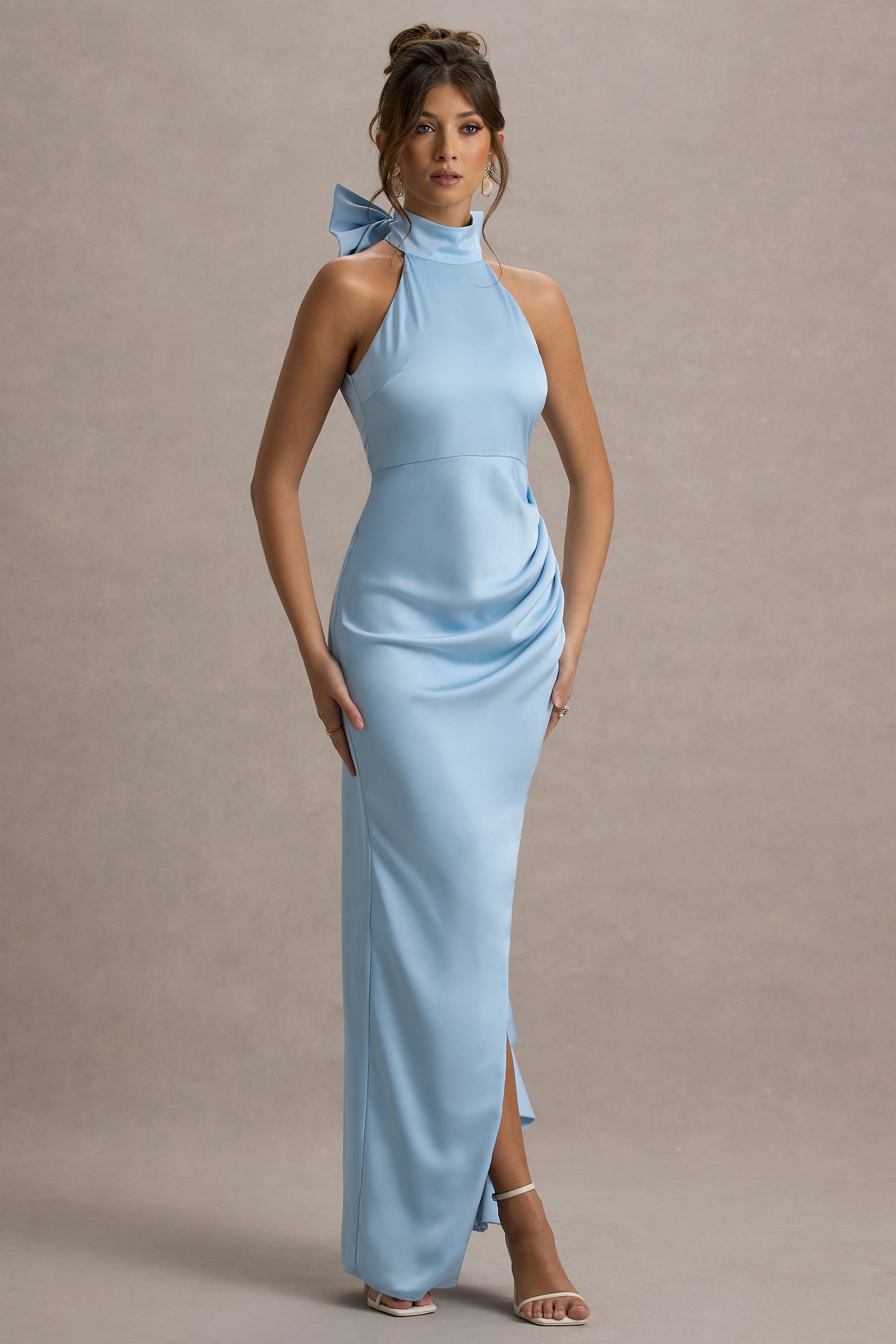 blue high neck satin dress Mint Velvet Blue Satin Halter Maxi Dress | Size 14 | Blue | Sleeveless
