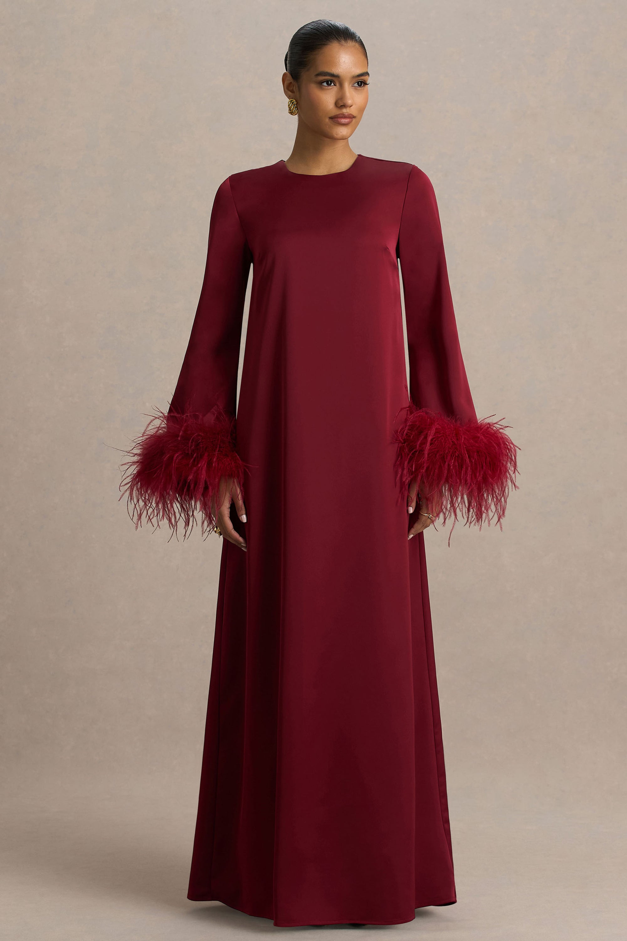 Adella | Burgundy Satin Feather-Trim Maxi Dress – Club L London