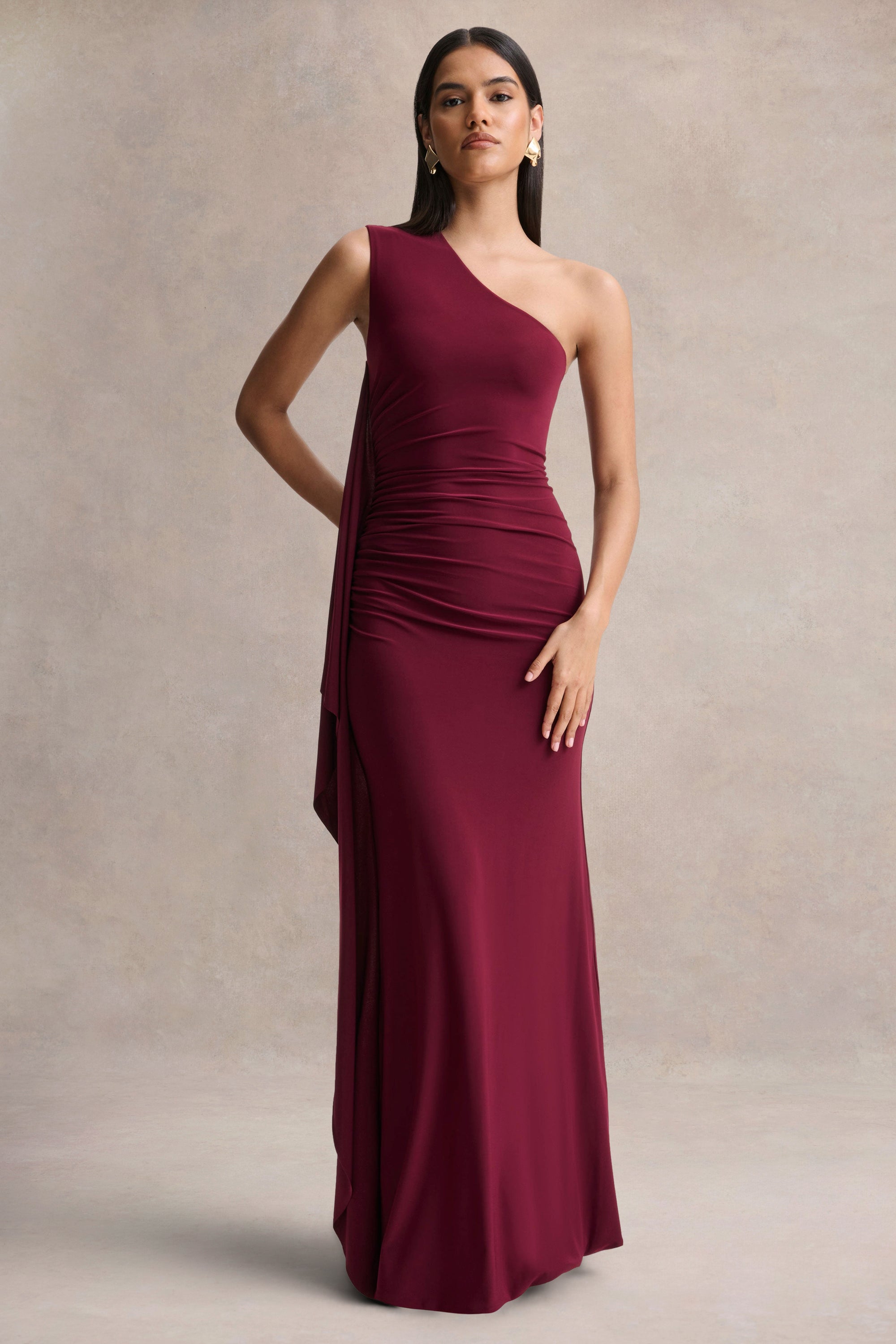 Adelina | Burgundy One-Shoulder Maxi Dress With Drape – Club L London
