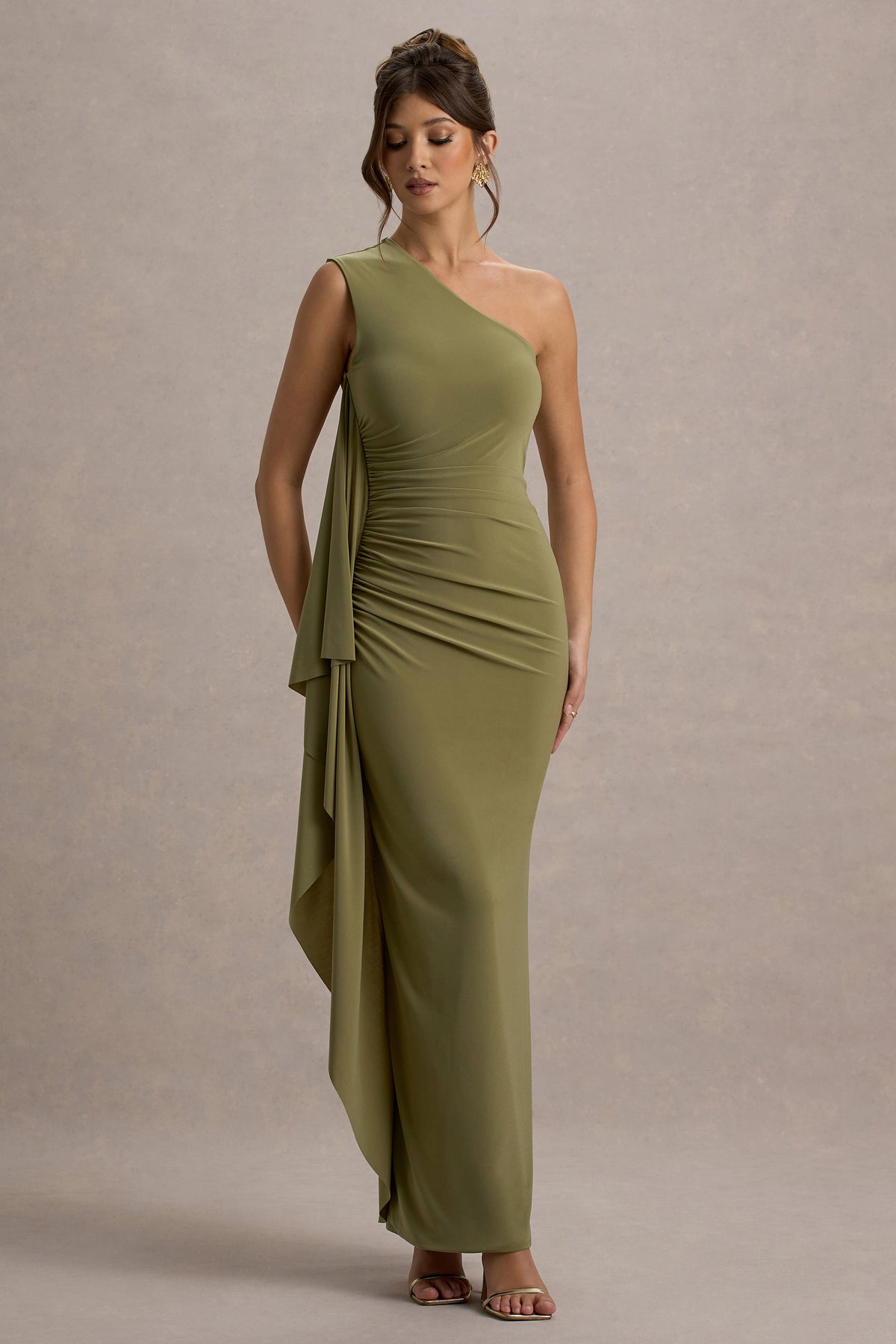 Adelina Olive One-Shoulder Maxi Dress With Drape Club L London - UK Adelina Olive One-Shoulder Maxi Dress With Drape Club L London - UK