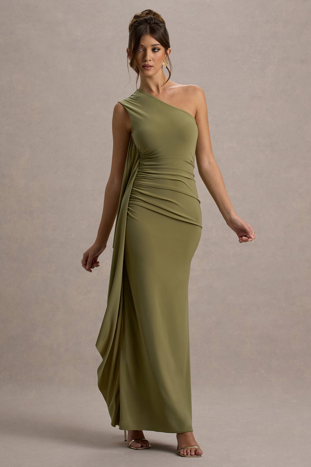 Adelina Olive One-Shoulder Maxi Dress With Drape – Club L London