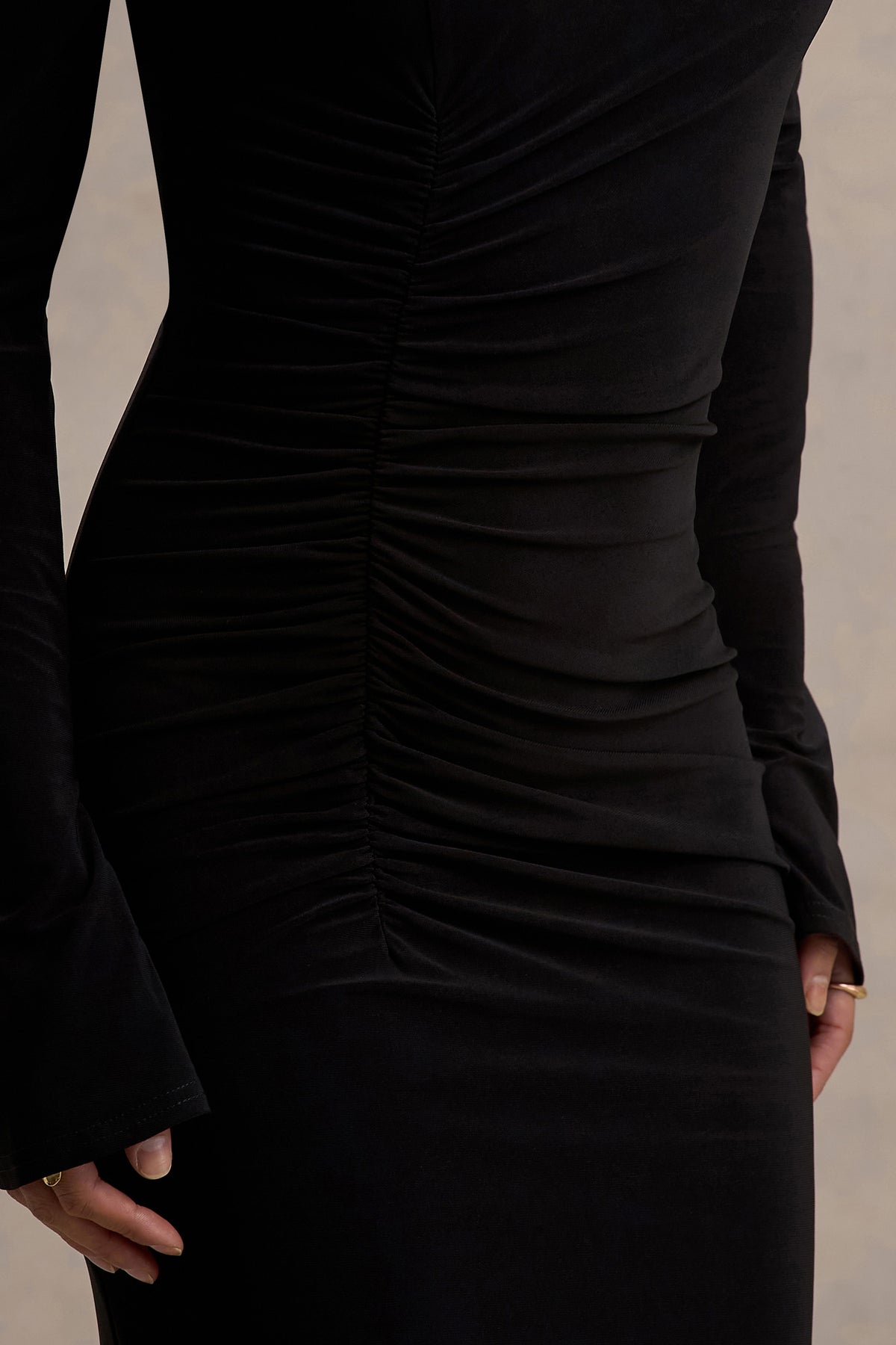 Cassandra Black High-Neck Long-Sleeve Midi Dress Club L London - UK Cassandra Black High-Neck Long-Sleeve Midi Dress Club L London - UK