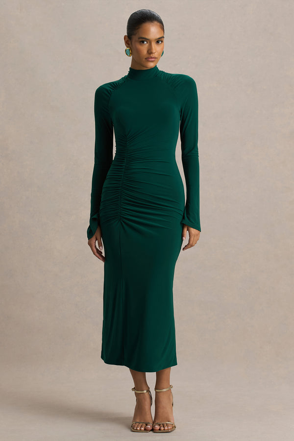 high neck long sleeve midi dress Cassandra Bottle Green High-Neck Long-Sleeve Midi Dress – Club L London