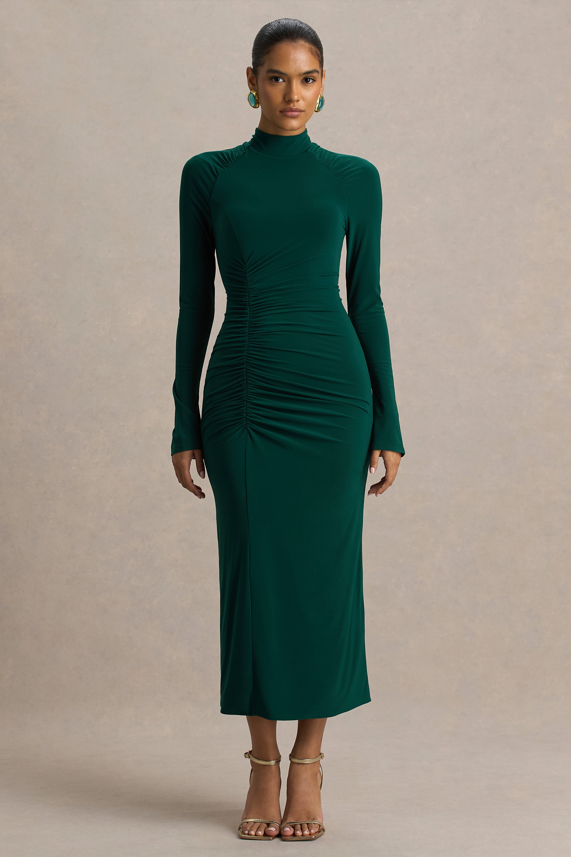 cassandra high-neck long-sleeve midi dress product info and reviews Cassandra | Bottle Green High-Neck Long-Sleeve Midi Dress – Club L London