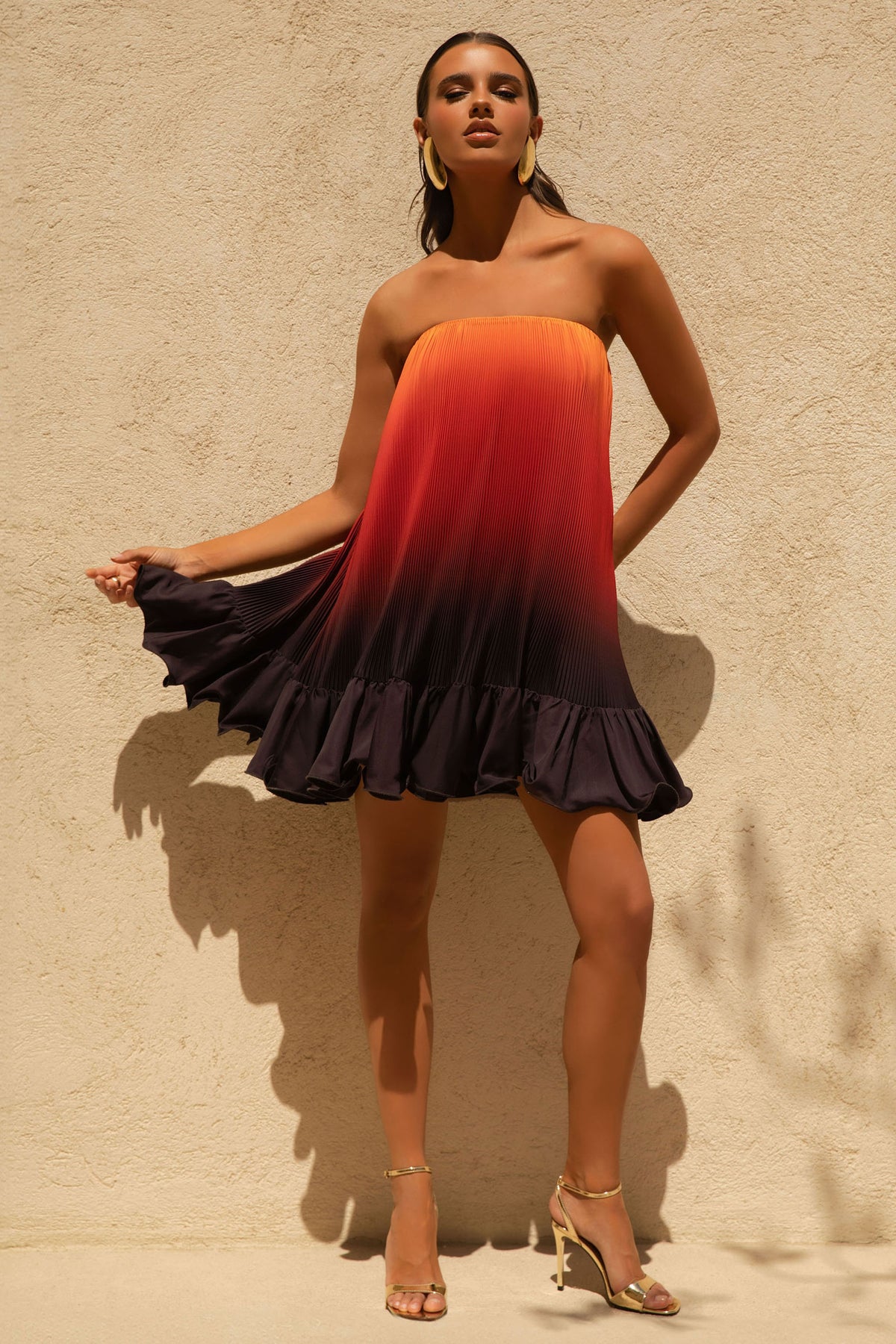 strapless open back dress Tropical Orange Ombre Satin Mini Dress With Ruffle Hem – Club L London