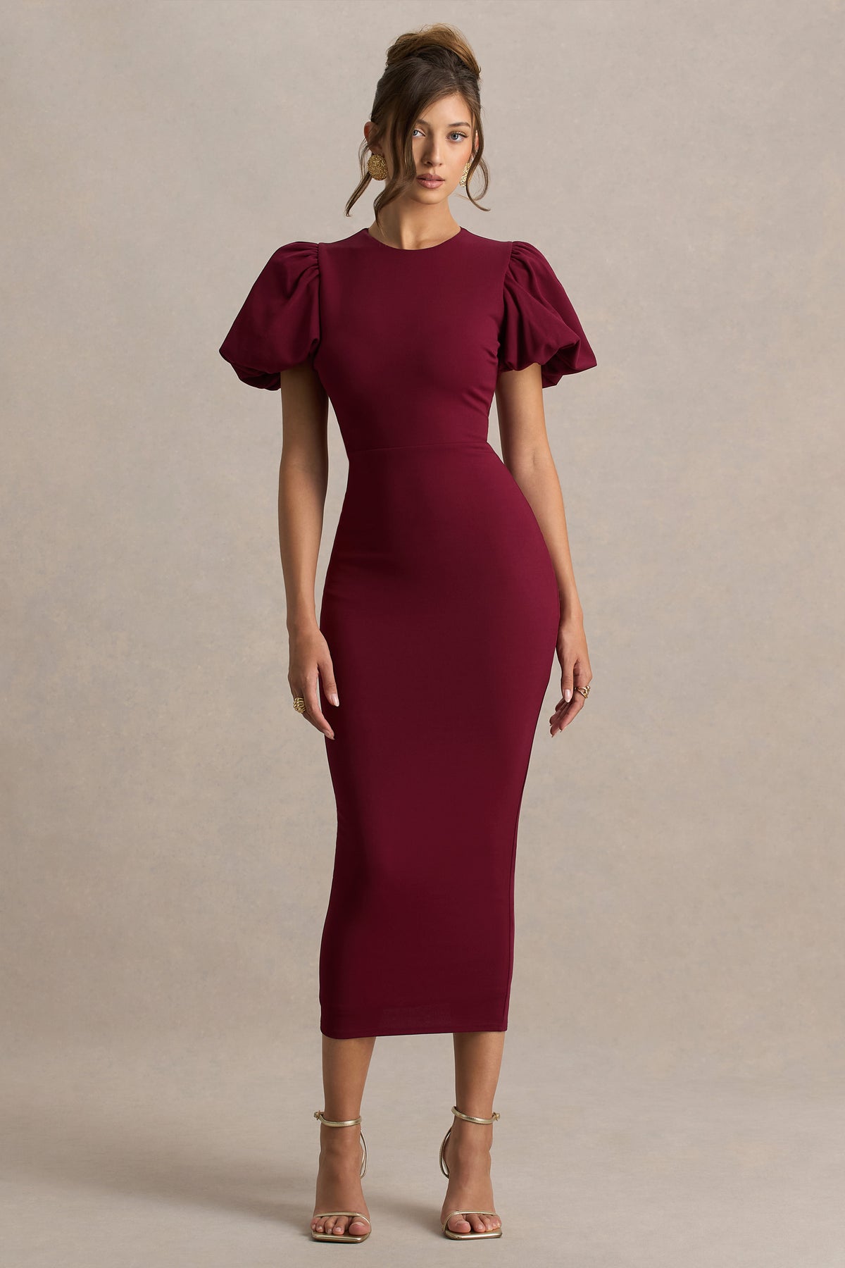 Dakota Burgundy Puff-Sleeve Midi Dress Club L London - UK Dakota Burgundy Puff-Sleeve Midi Dress Club L London - UK