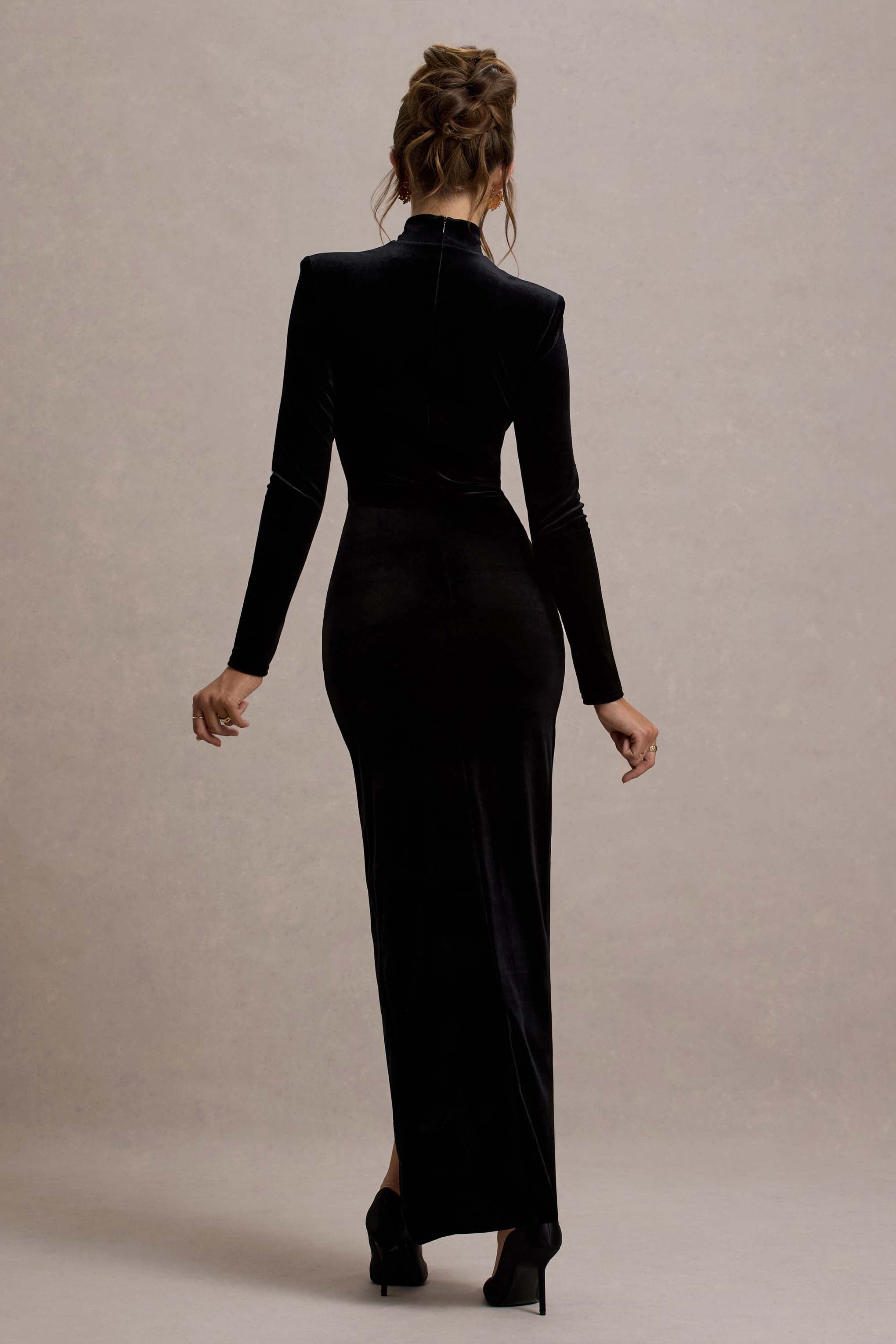 Jaz | Black Velvet High-Neck Gathered Split Maxi Dress – Club L