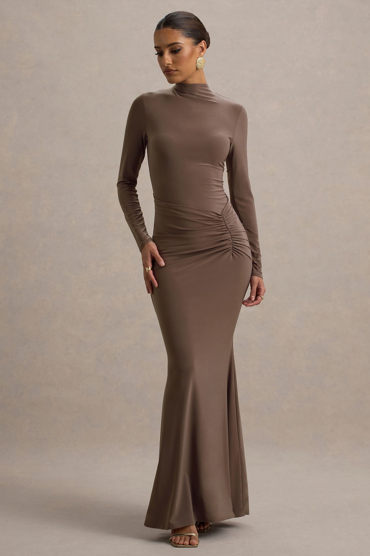 Reid Brown Long-Sleeve Gathered Maxi Dress Club L London - UK Reid Brown Long-Sleeve Gathered Maxi Dress Club L London - UK