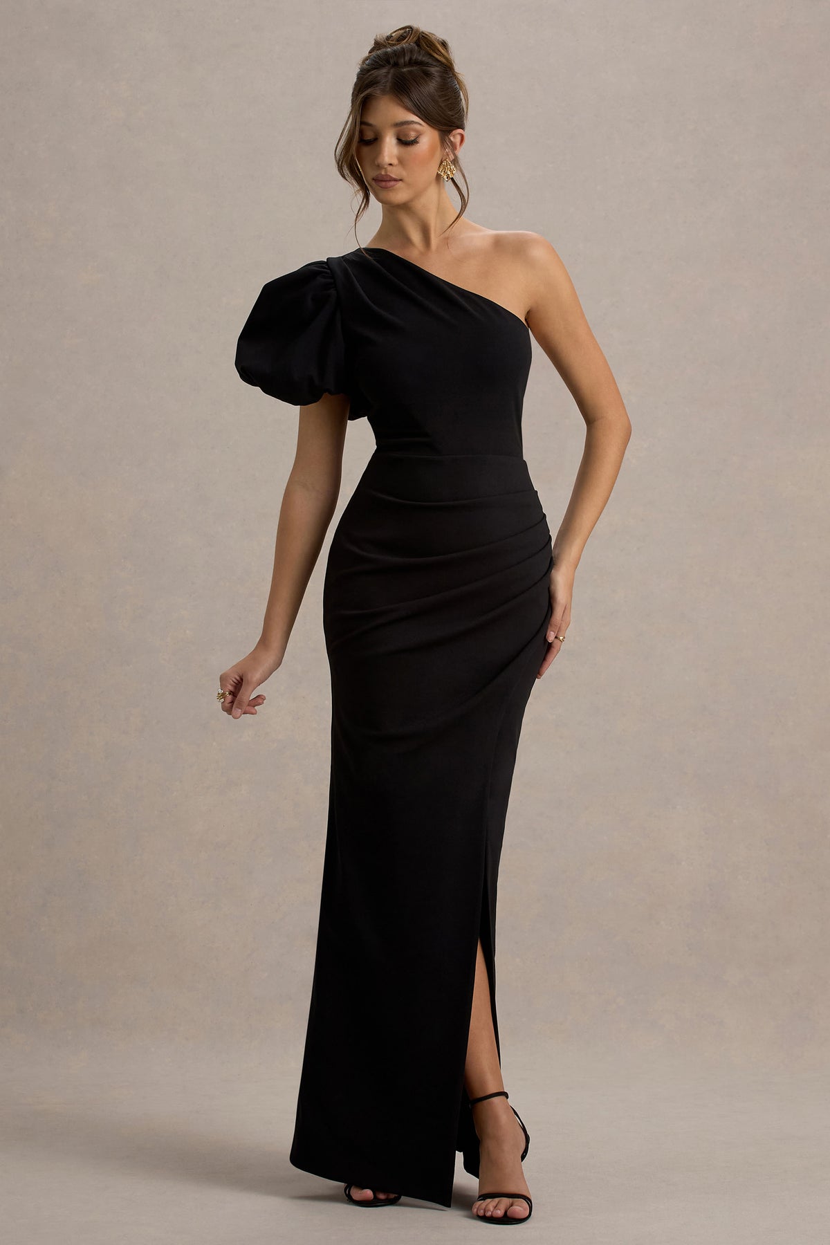 Vittoria Black Asymmetric Puff-Sleeve Split Maxi Dress Club L London - UK Vittoria Black Asymmetric Puff-Sleeve Split Maxi Dress Club L London - UK