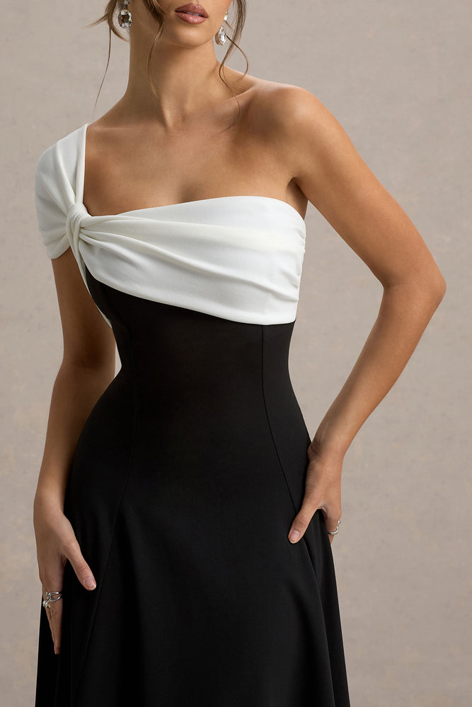 white christmas dresses Yara Black One Shoulder Cape Ruched Midi Dress – Club L London main image 1