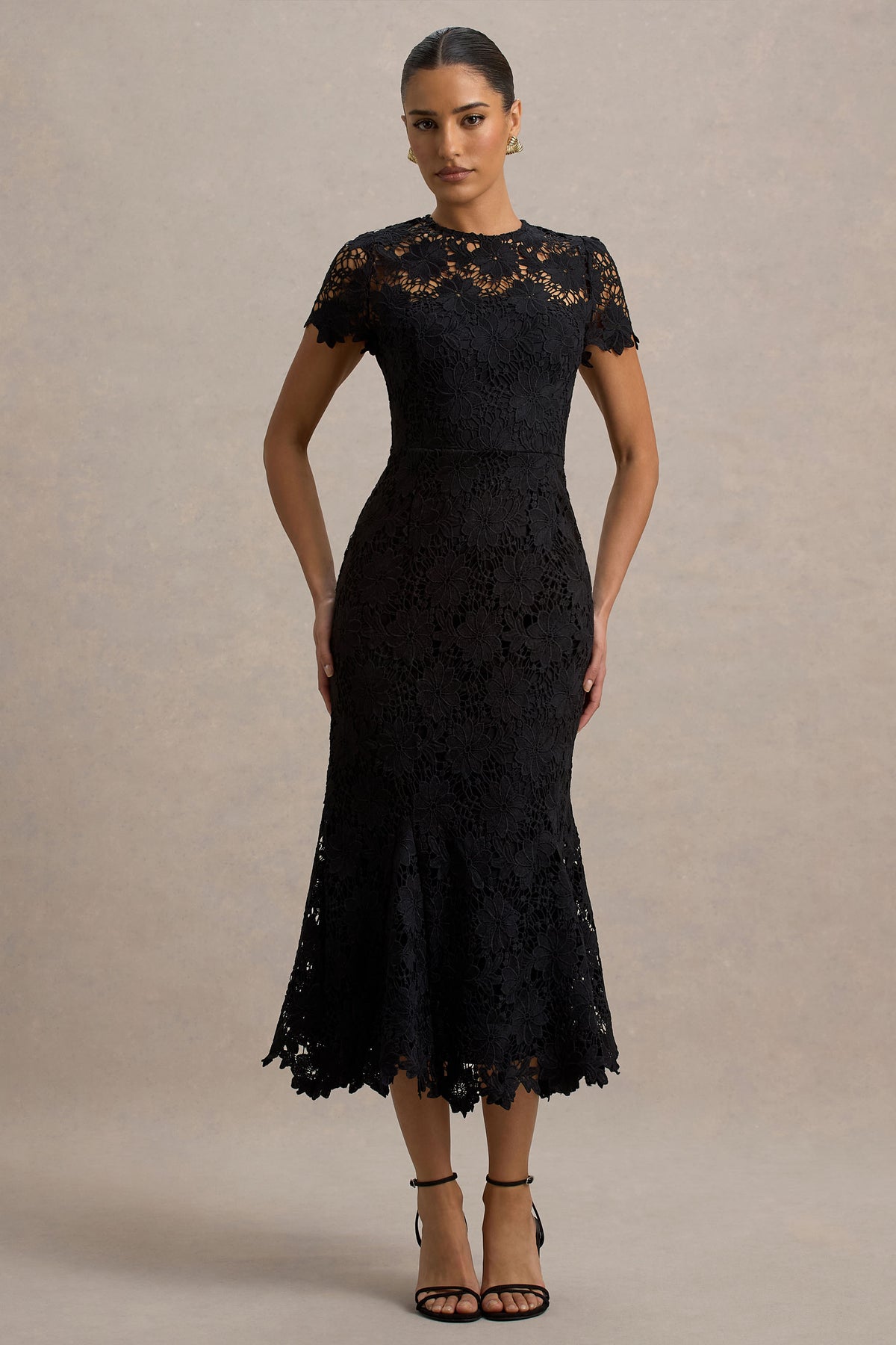 Clarissa Black Lace Short-Sleeve Midi Dress Club L London - UK Clarissa Black Lace Short-Sleeve Midi Dress Club L London - UK