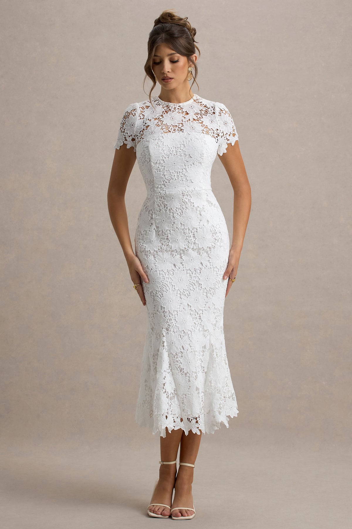 Clarissa White Lace Crew-Neck Short-Sleeve Midi Dress Club L London - UK Clarissa White Lace Crew-Neck Short-Sleeve Midi Dress Club L London - UK