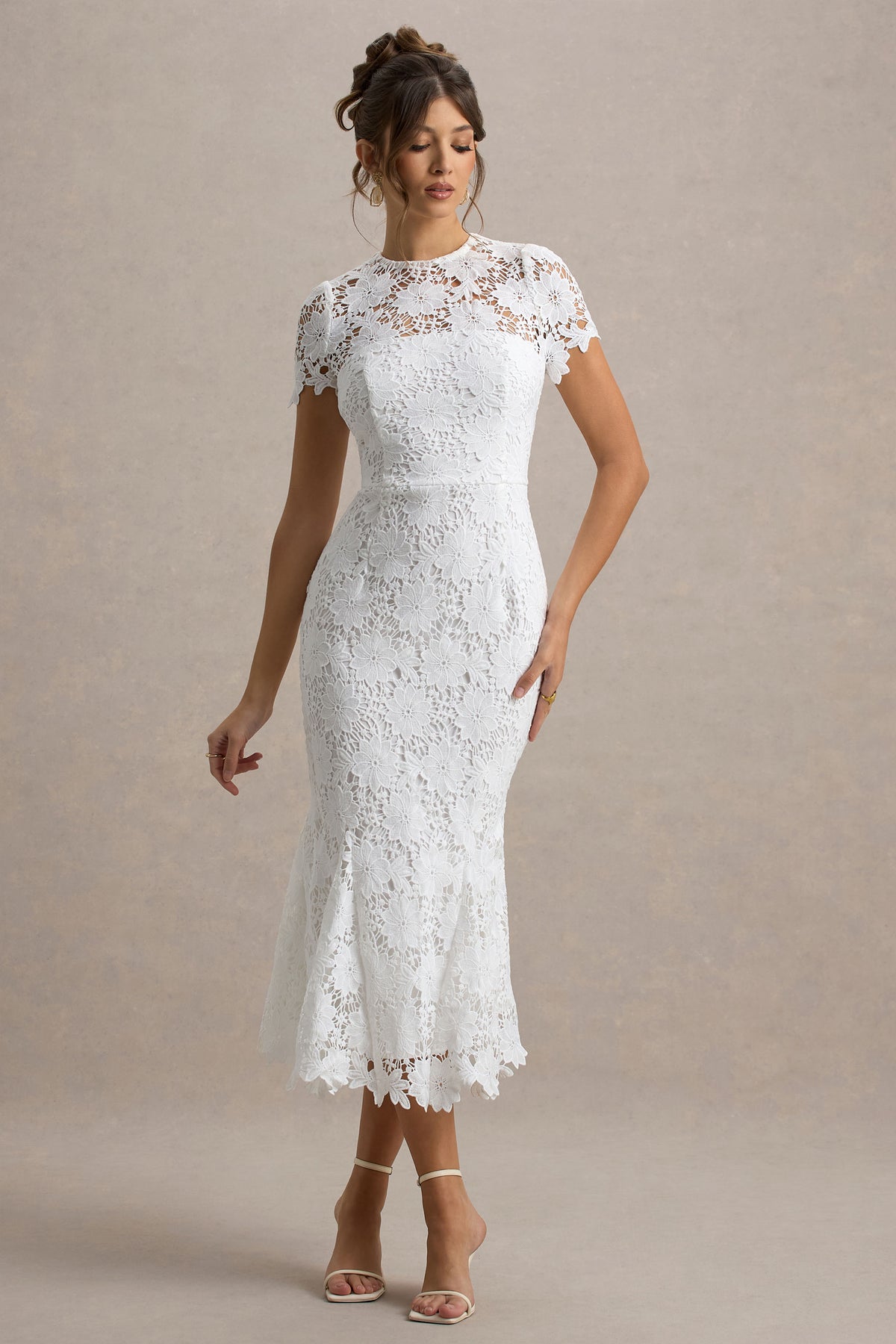 Clarissa White Lace Crew-Neck Short-Sleeve Midi Dress Club L London - UK Clarissa White Lace Crew-Neck Short-Sleeve Midi Dress Club L London - UK