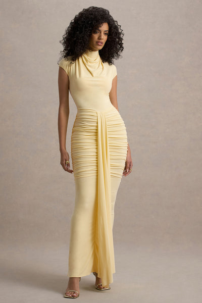 lorenza maxi dress superdown | Pale Lemon High-Neck Ruched With Draped Skirt – Club L London Open back 70s Fashion Trends: From Color:TROPICAL PAINTING MULTICOLOR MJ23010607_01