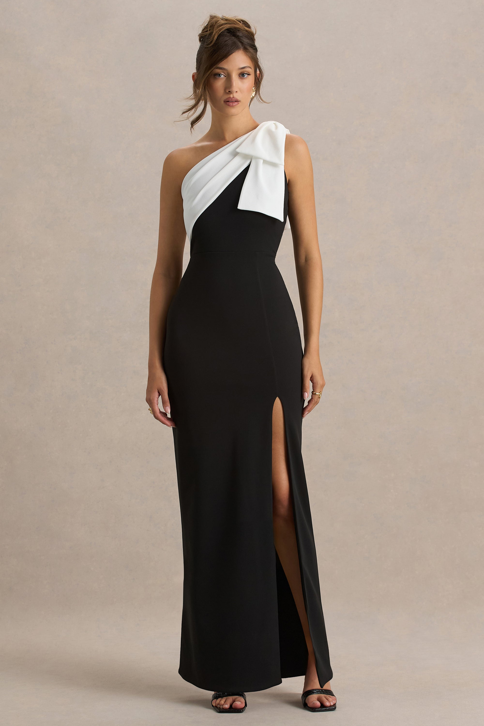 Kiri | Black & White One-Shoulder Bow Maxi Dress – Club L London