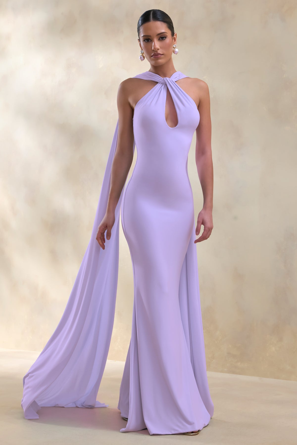 Rhoda Lilac Twist Halter-Neck Cape Maxi Dress – Club L London