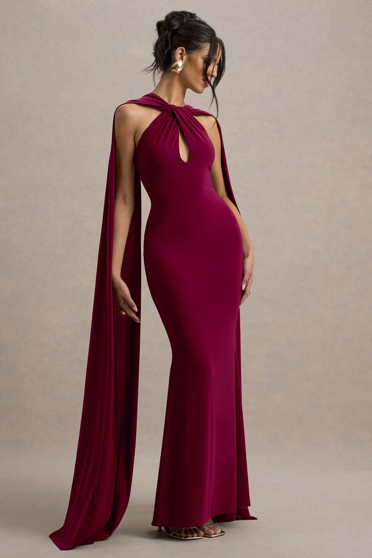 Rhoda Burgundy Twist Halter-Neck Cape Maxi Dress Club L London - UK Rhoda Burgundy Twist Halter-Neck Cape Maxi Dress Club L London - UK