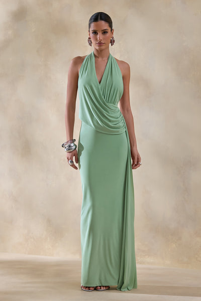 club l sage green dress Club L London Long Shot Sage Square Neck Ruched Mini Dress With Sleeves in Green