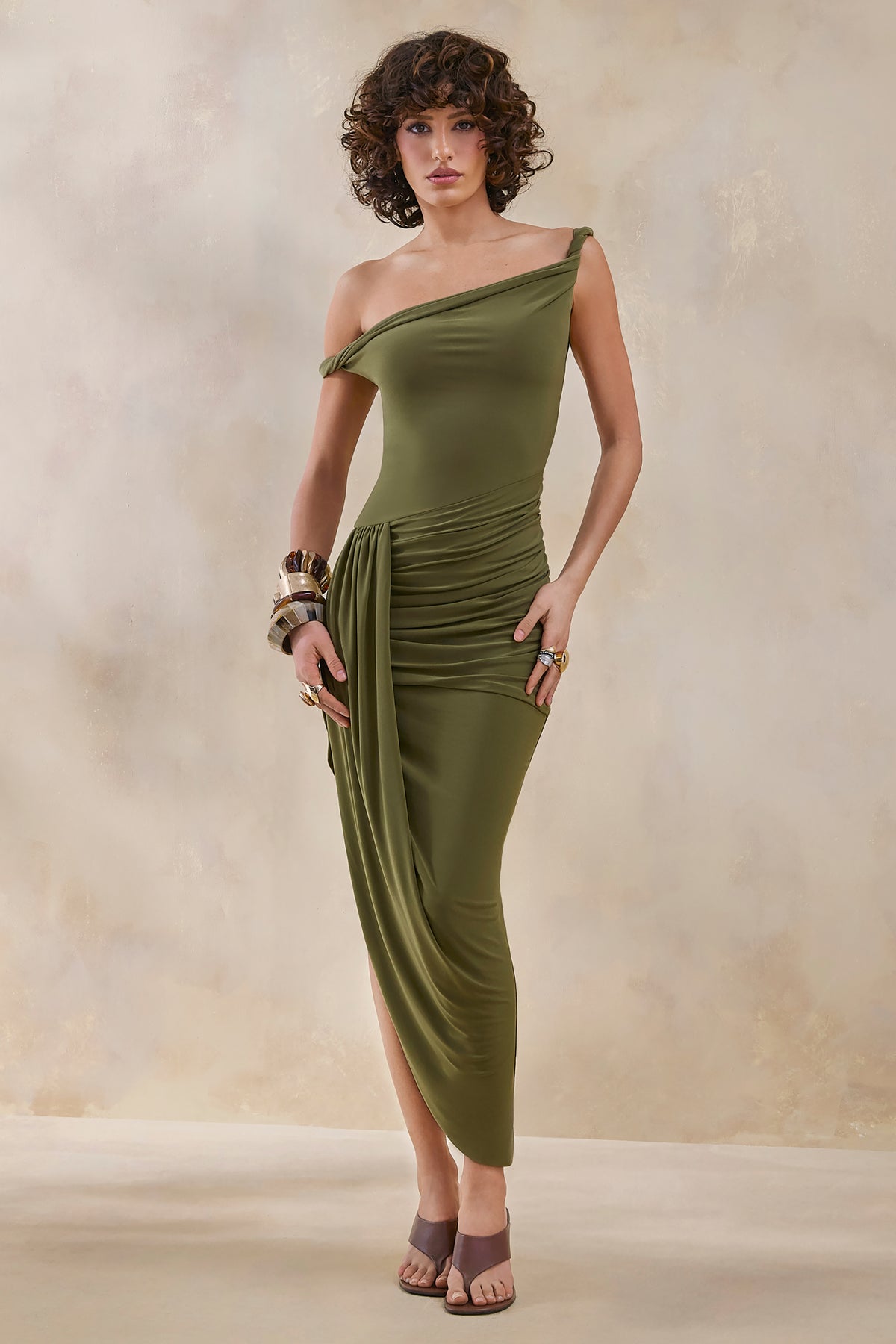Angelique Olive Green Twisted Asymmetric Maxi Dress – Club L London