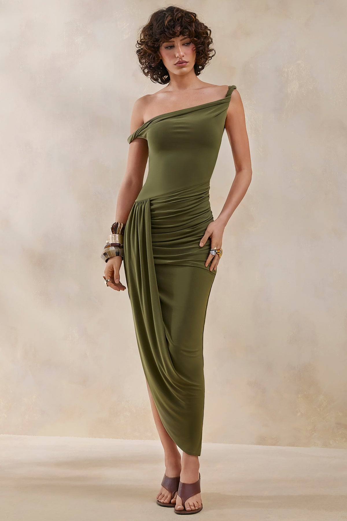 Angelique Olive Green Twisted Asymmetric Maxi Dress – Club L London