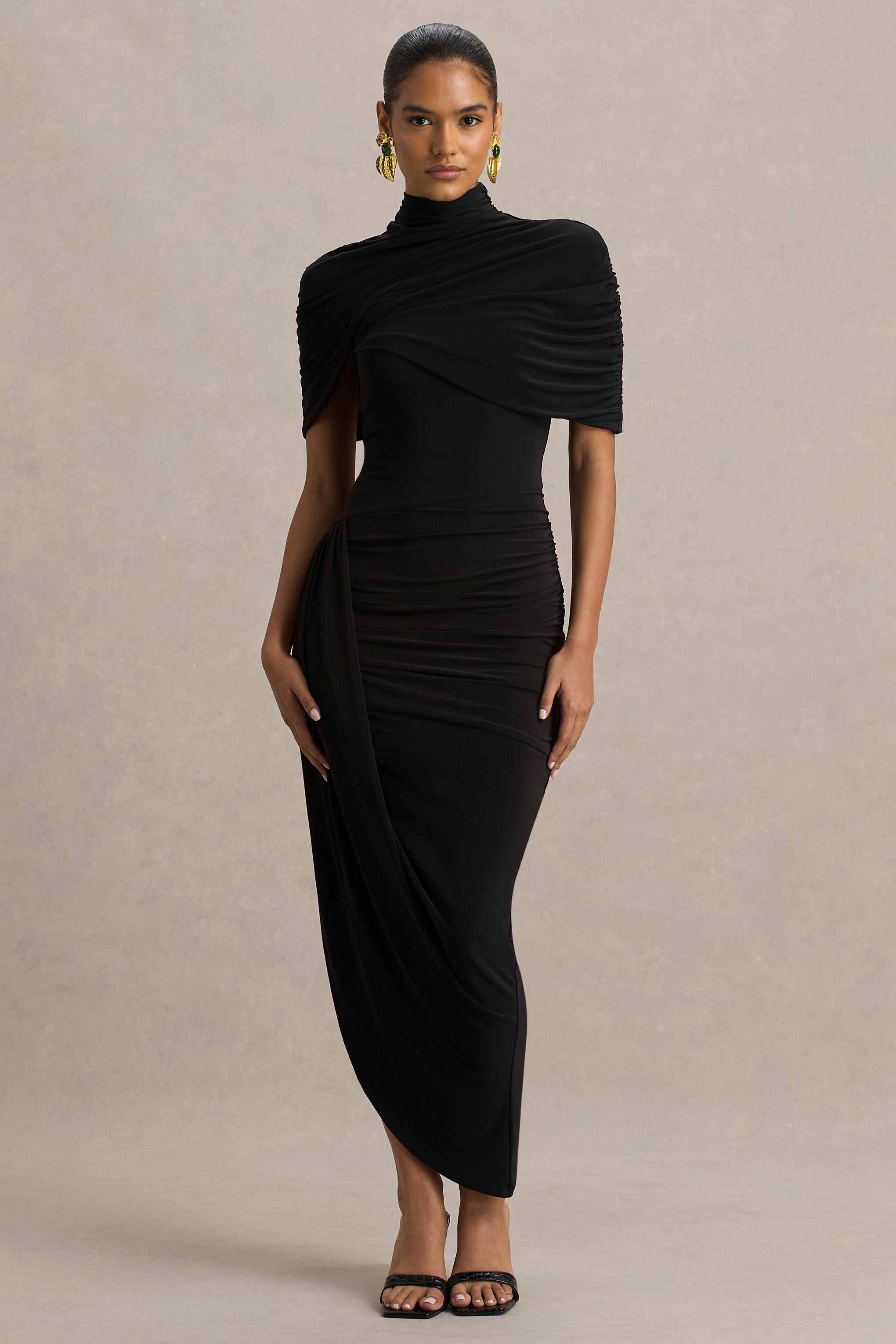 Enchant | Black Asymmetric Twisted Cape Midi Dress – Club L London