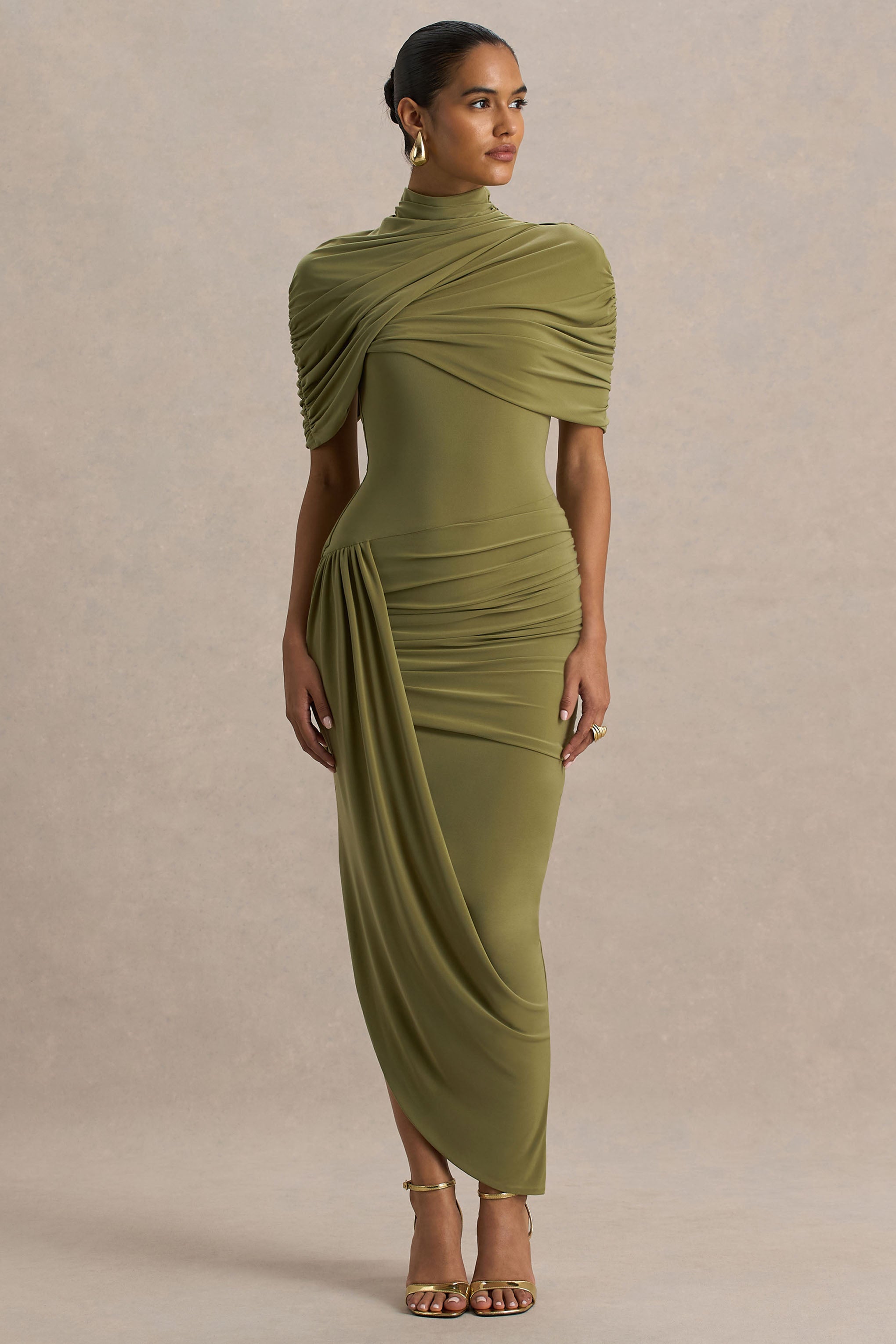 Enchant | Olive Asymmetric Twisted Cape Midi Dress – Club L London