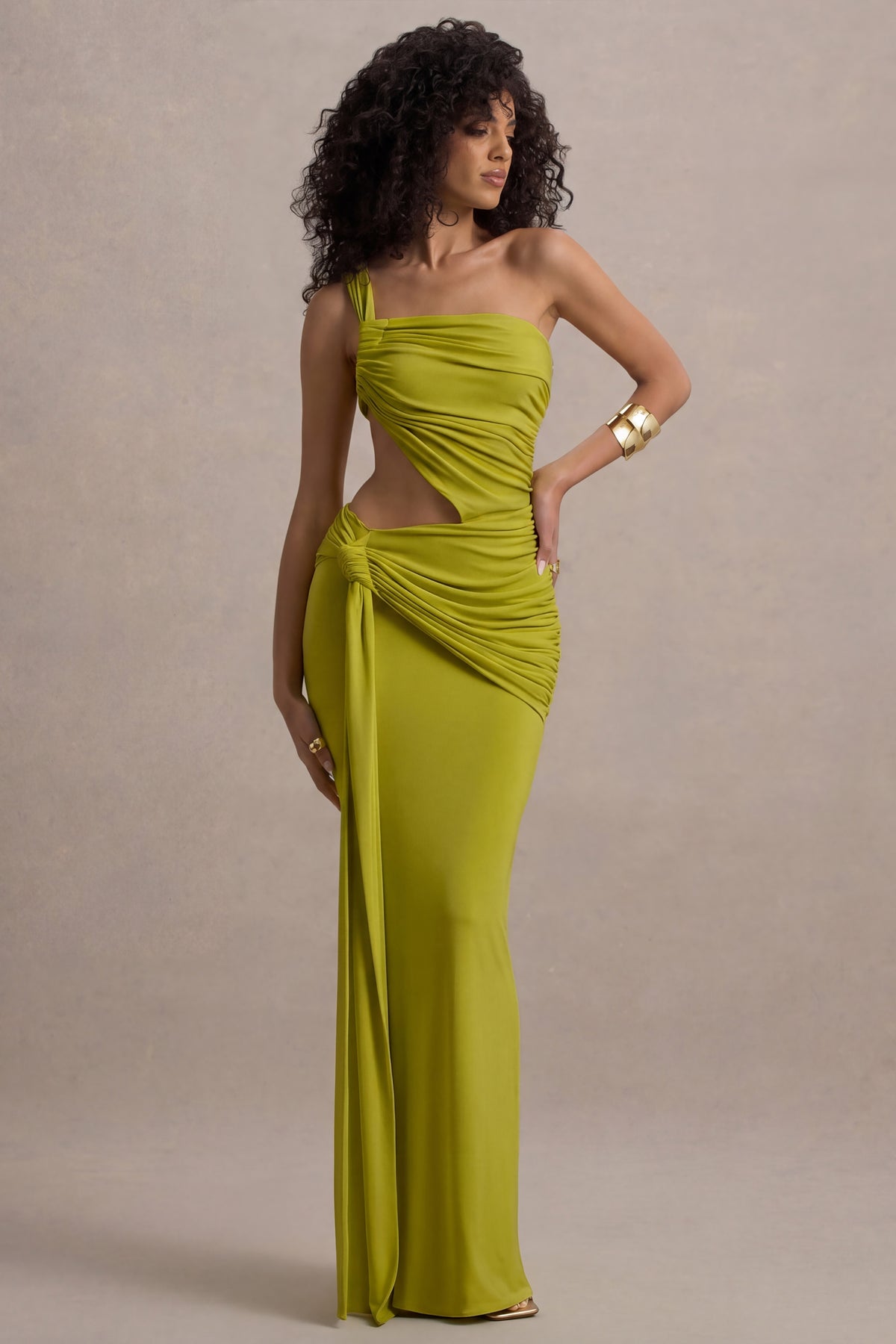 Giovanna Olive Asymmetric Maxi Dress with Wrap Skirt