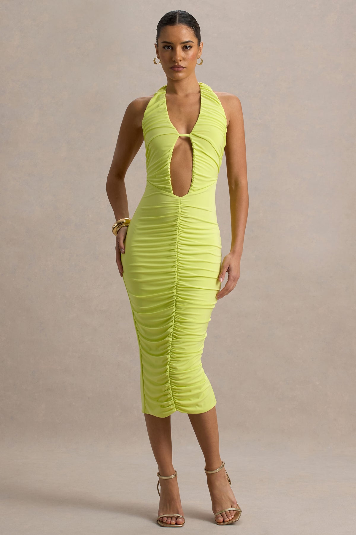 Anaisa Lime Green Plunge Halter-Neck Midi Dress Club L London - UK Anaisa Lime Green Plunge Halter-Neck Midi Dress Club L London - UK