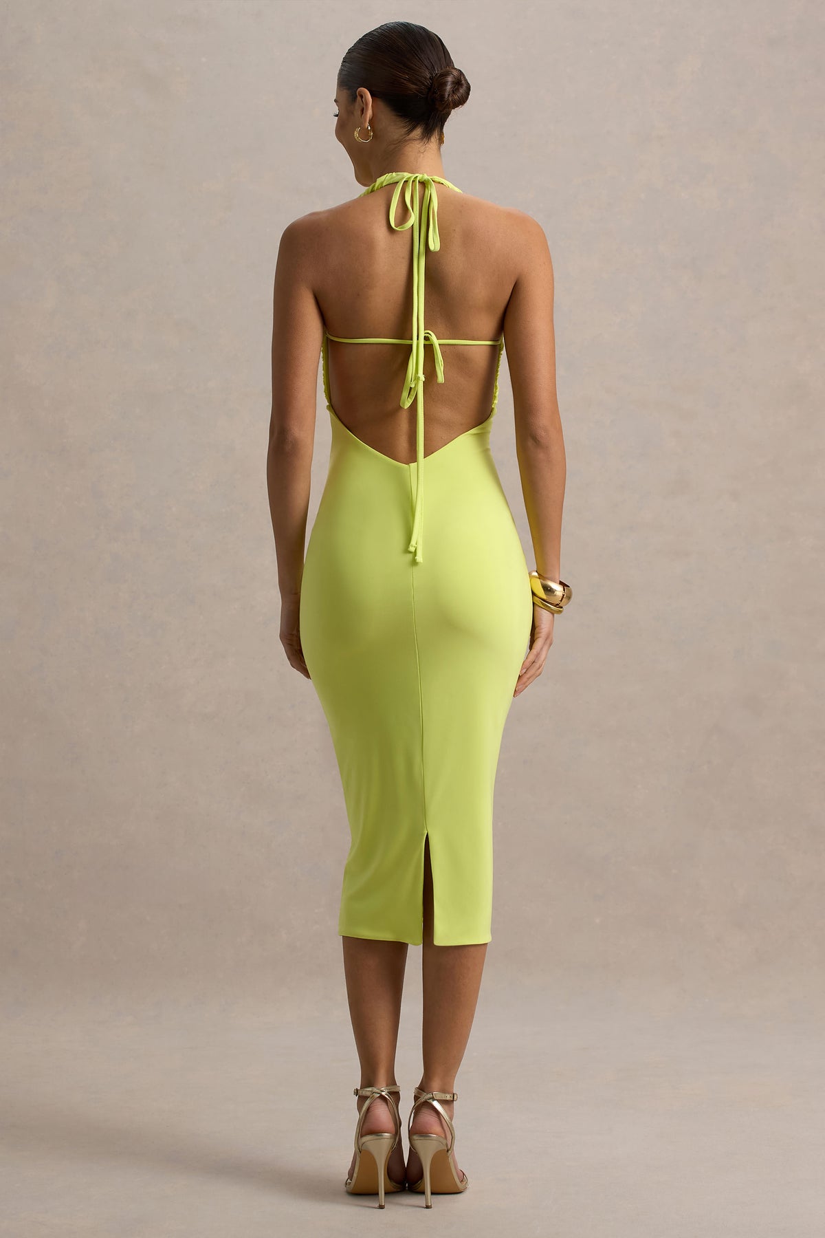 Anaisa Lime Green Plunge Halter-Neck Midi Dress Club L London - UK Anaisa Lime Green Plunge Halter-Neck Midi Dress Club L London - UK