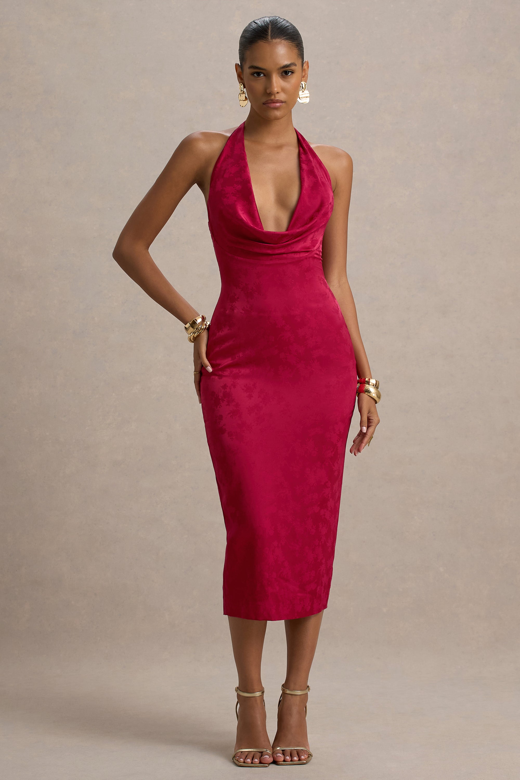 modern romance satin cowl neck knee length dress in red Satin Cowl Neck Dress Red / L