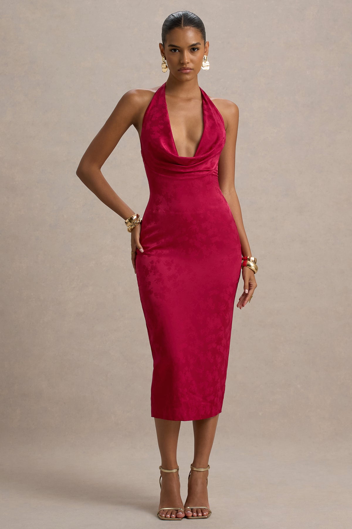 midi cowl neck satin dress Aine Red Satin Jacquard Cowl-Neck Midi Dress – Club L London