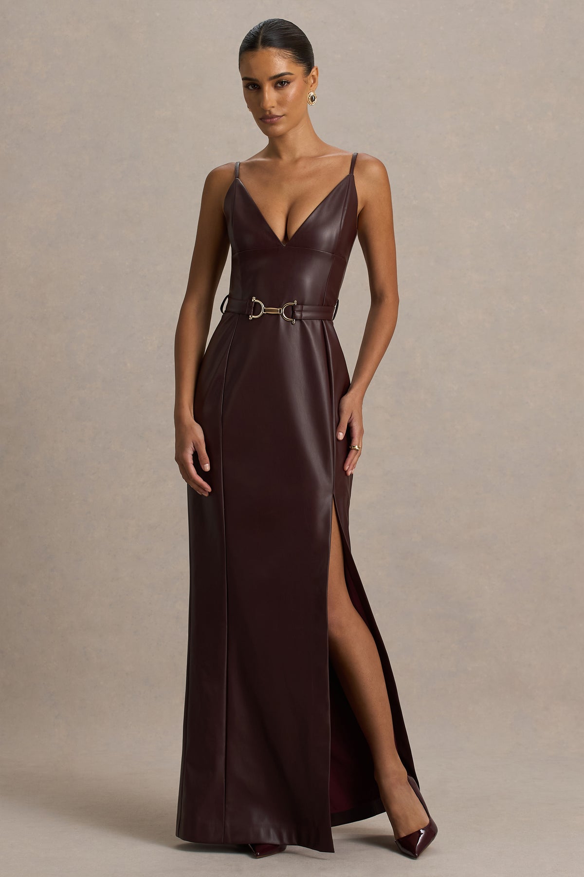 Lila Burgundy Faux Leather Plunge-Neck Maxi Dress With Split Club L London - UK Lila Burgundy Faux Leather Plunge-Neck Maxi Dress With Split Club L London - UK