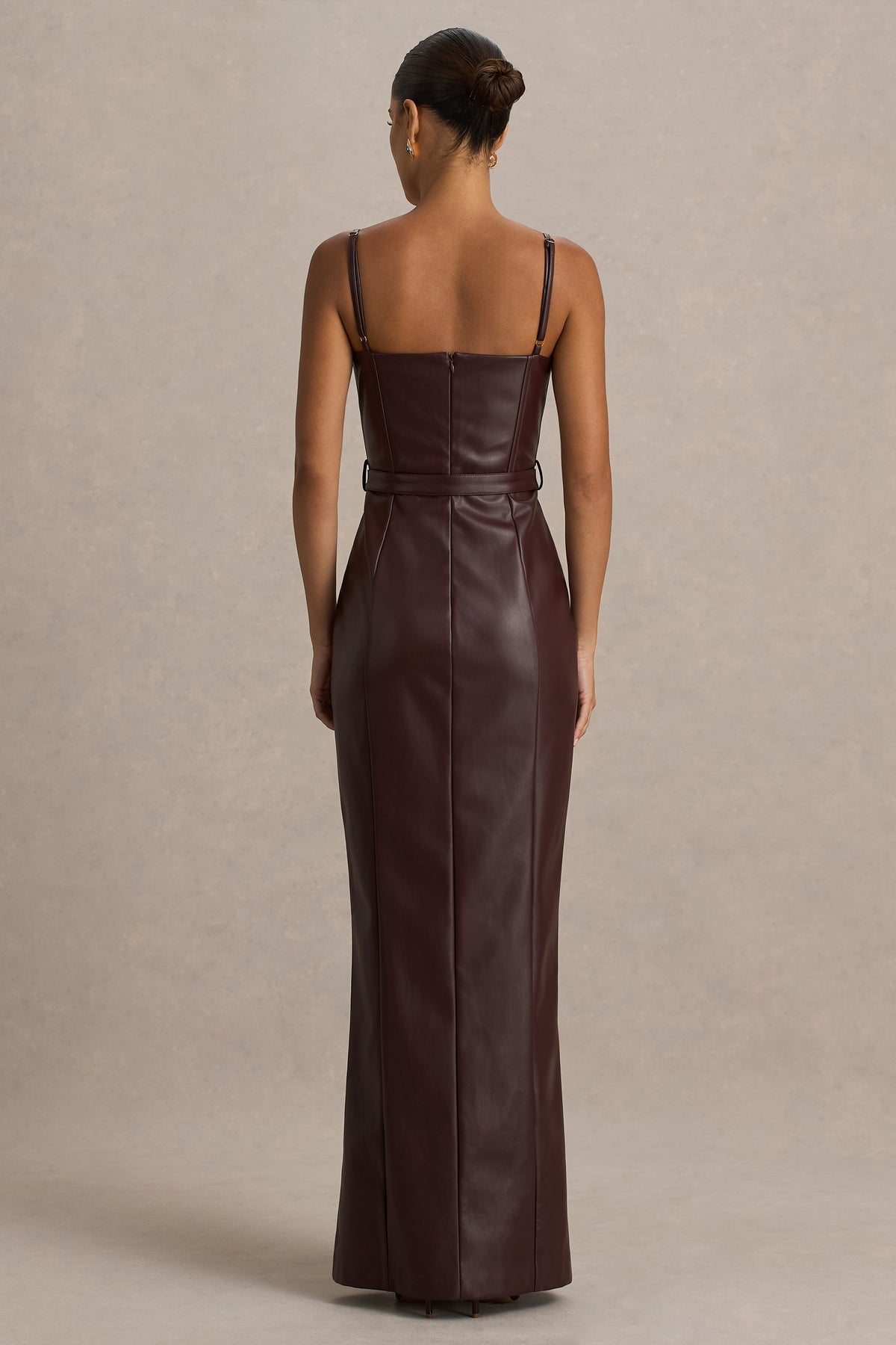 Lila Burgundy Faux Leather Plunge-Neck Maxi Dress With Split Club L London - UK Lila Burgundy Faux Leather Plunge-Neck Maxi Dress With Split Club L London - UK