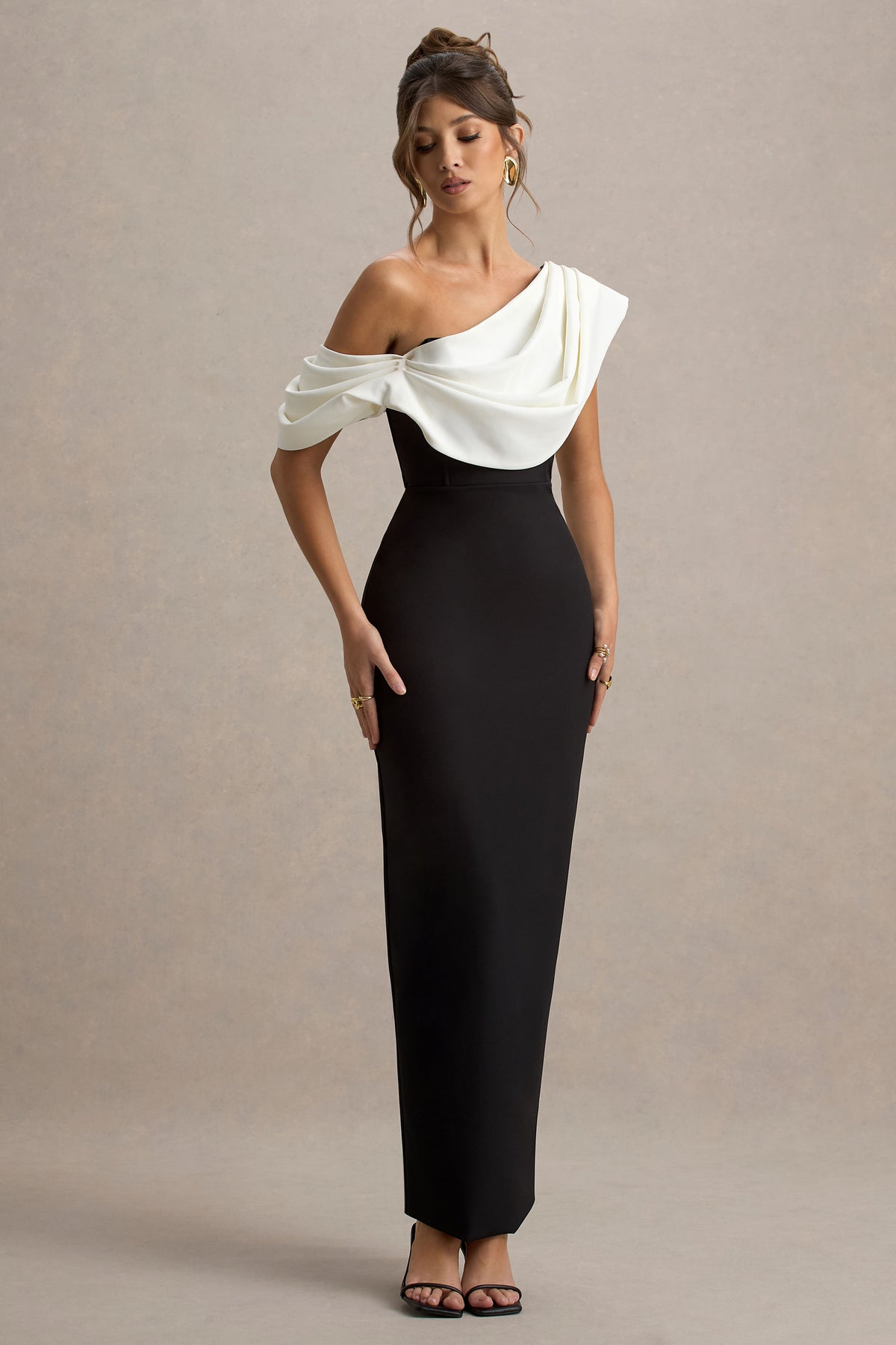 Angelina Black & White Draped Shoulder Maxi Dress Club L London - UK Angelina Black & White Draped Shoulder Maxi Dress Club L London - UK
