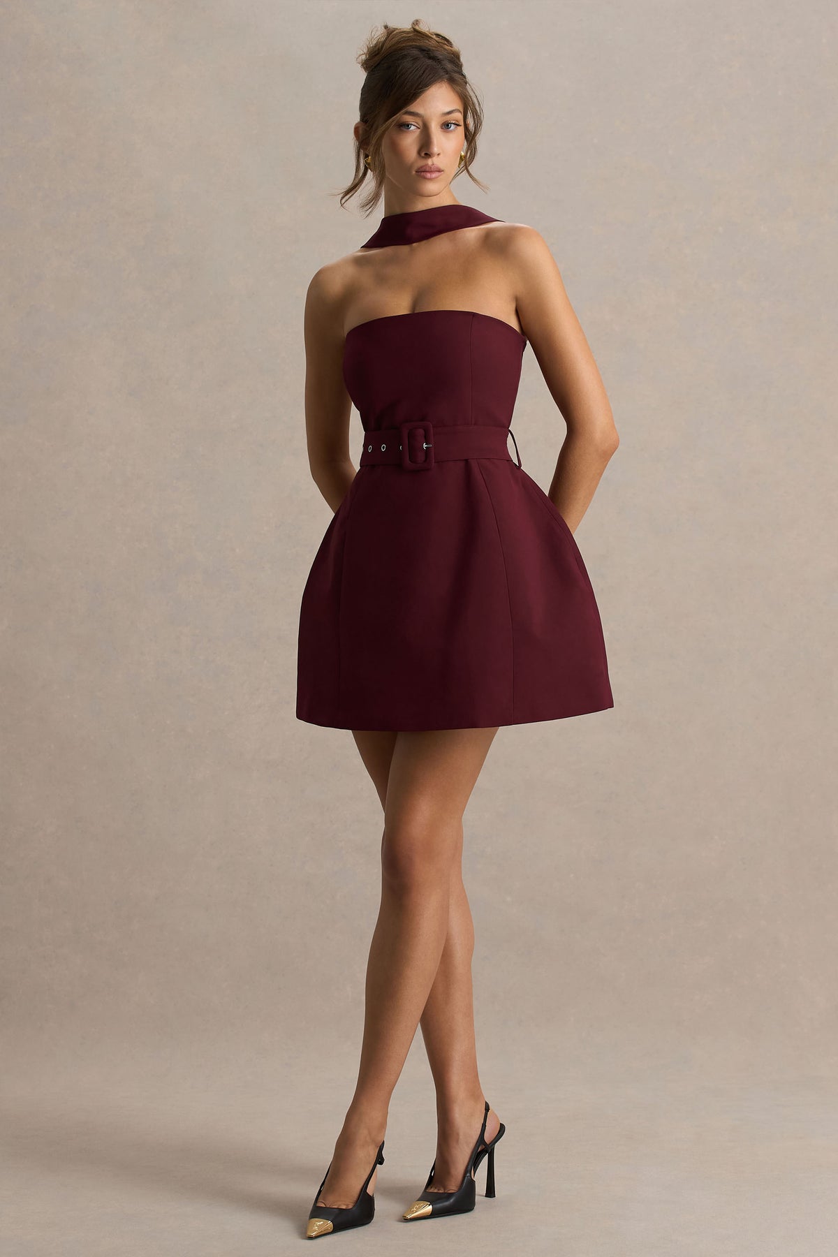 Timberly Burgundy High-Neck Tailored Micro-Mini Dress Club L London - UK Timberly Burgundy High-Neck Tailored Micro-Mini Dress Club L London - UK
