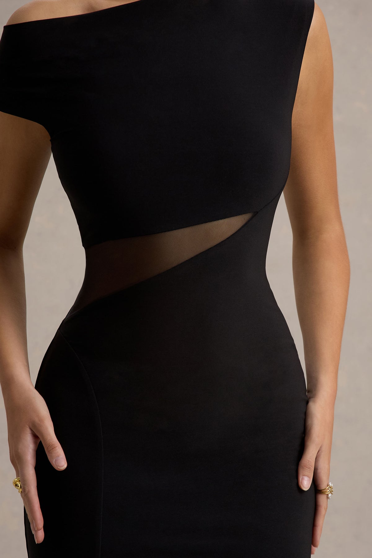 Emily Black Asymmetric Split Maxi Dress With Mesh Detailing Club L London - UK Emily Black Asymmetric Split Maxi Dress With Mesh Detailing Club L London - UK