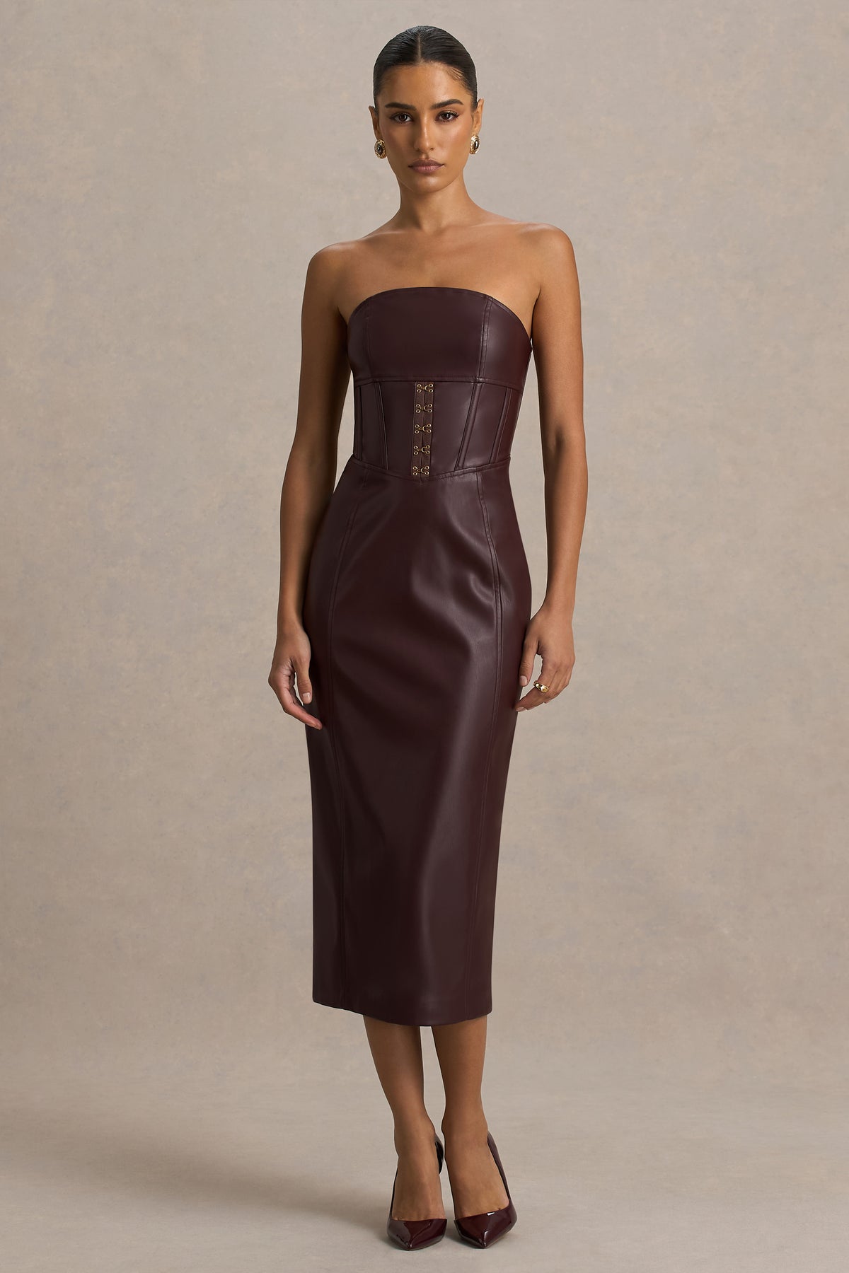 Zola Burgundy Faux Leather Bandeau Midi Dress Club L London - UK Zola Burgundy Faux Leather Bandeau Midi Dress Club L London - UK