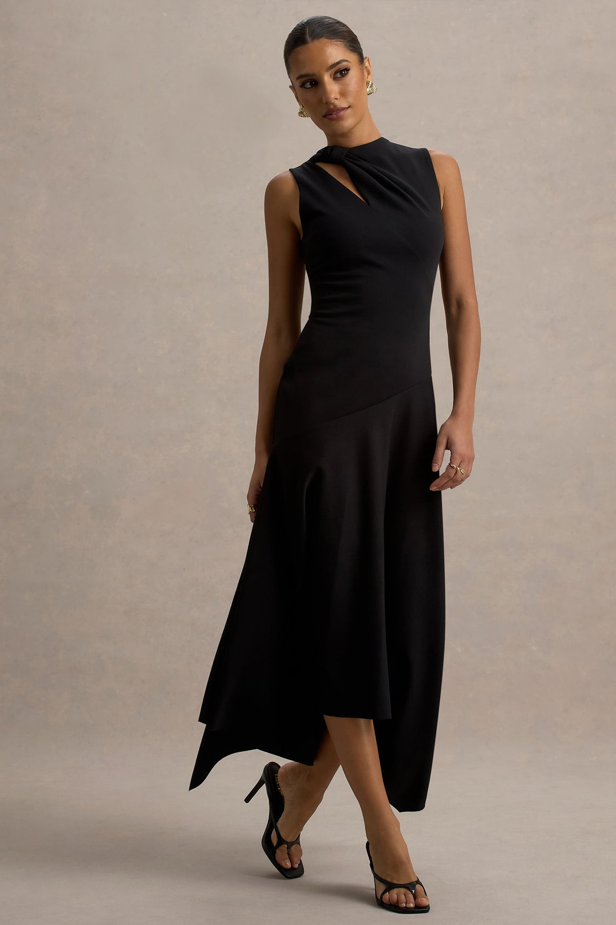 Francesca Black Knotted Midi Dress With Handkerchief Hem Club L London - UK Francesca Black Knotted Midi Dress With Handkerchief Hem Club L London - UK