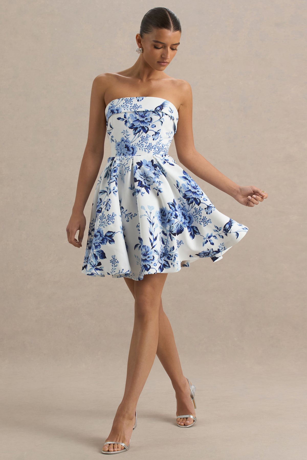 Fiorenza Blue Porcelain Print Bandeau Mini Dress With Volume Skirt Club L London - UK Fiorenza Blue Porcelain Print Bandeau Mini Dress With Volume Skirt Club L London - UK